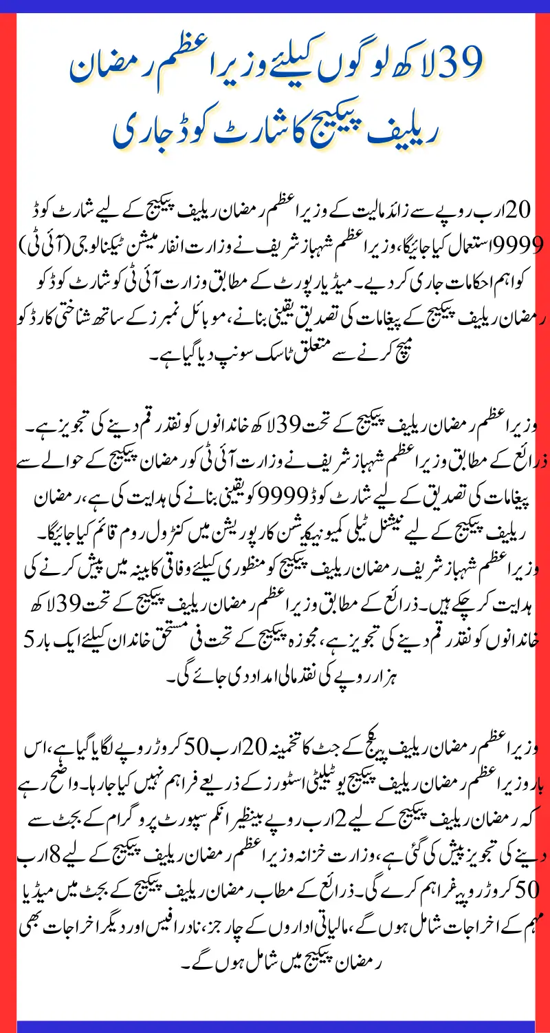 Prime Minister Ramadan Relief Package 2025: Short Code 9999 Issued for 3.9 Million Families – اہلیت جاننے کا آسان طریقہ!