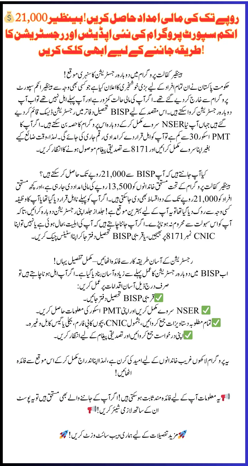 Benazir Kafalat Reapplication Process – Complete NSER Survey and Become Eligible Again!