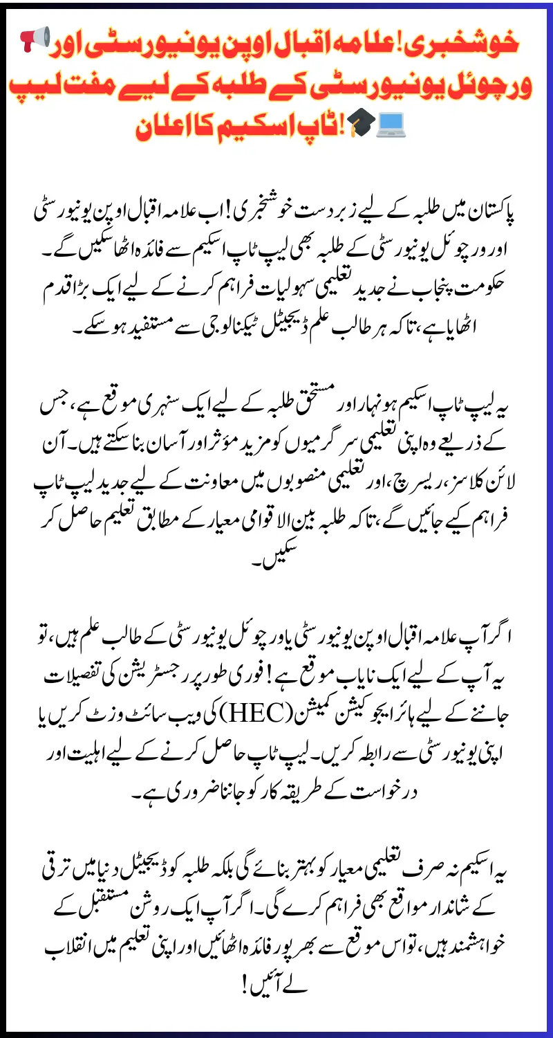 CM Punjab Maryam Nawaz Laptop Scheme for AIOU, VU Students – Registration, Eligibility & Benefits