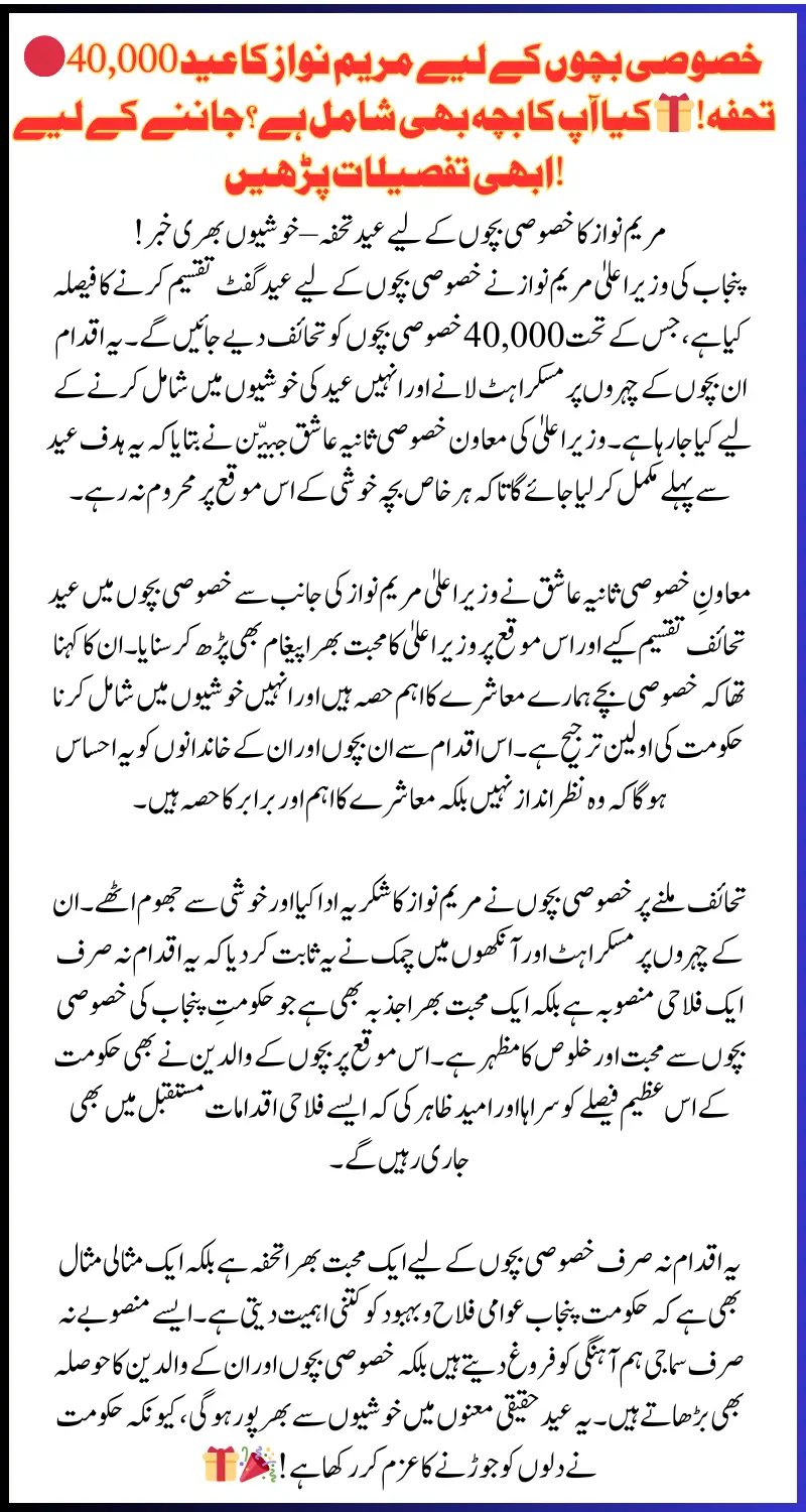 Happy News! Maryam Nawaz to Distribute Eid Gifts to 40000 Special Children