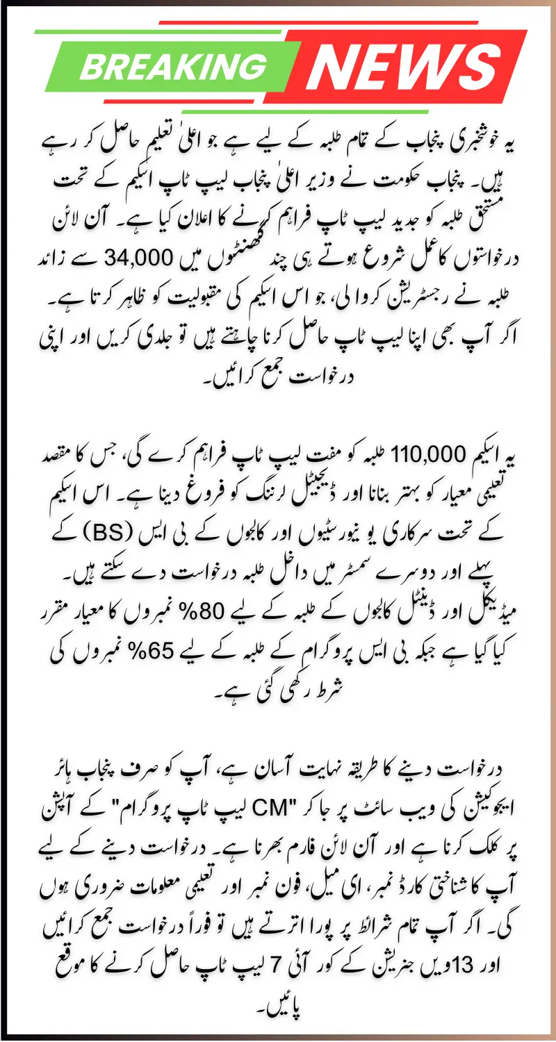 CM Punjab Laptop Scheme 2025 Today News: Free 13th Gen Core i7 Laptops for Students – Apply Now!
