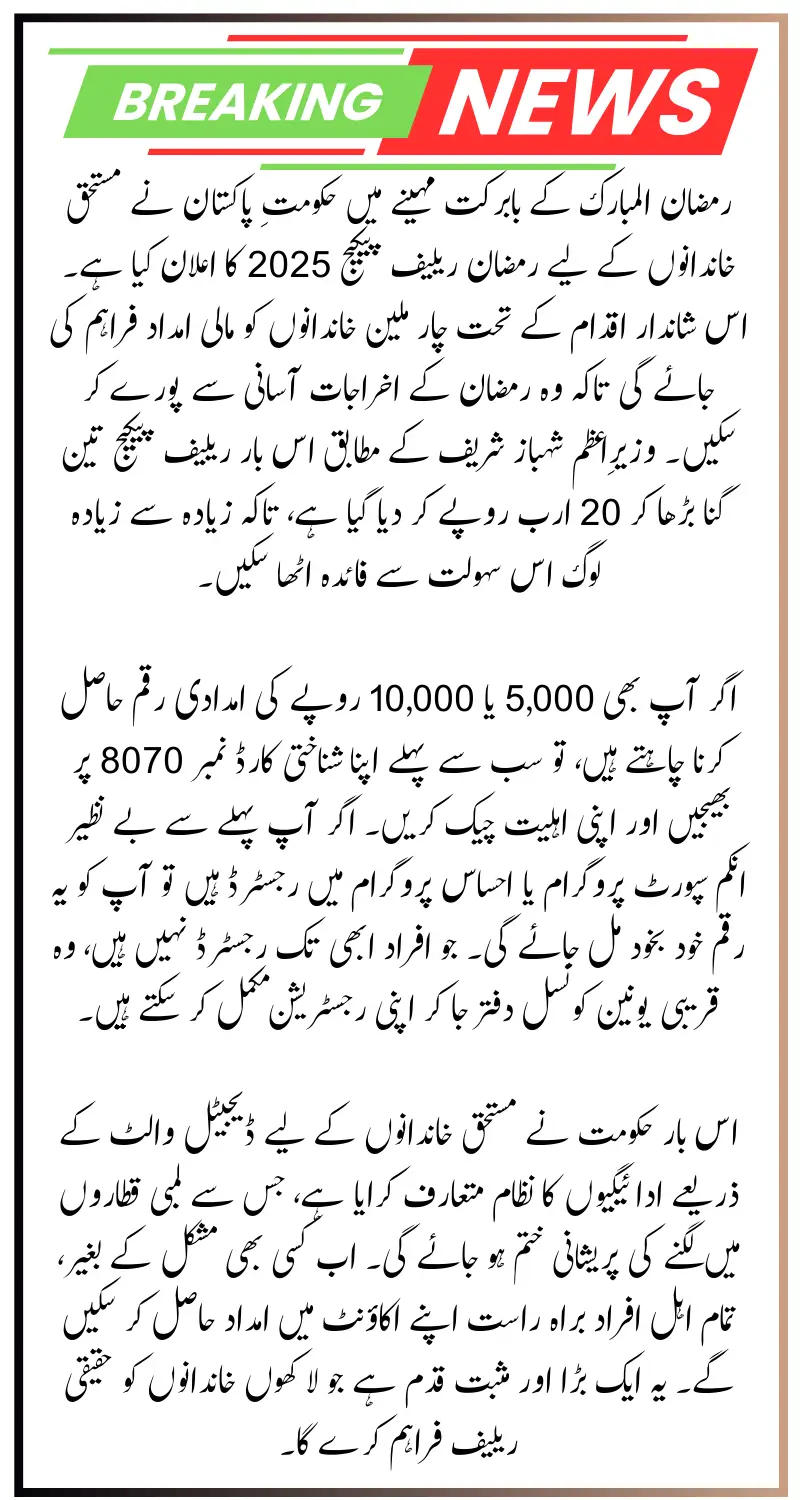 Ramadan Relief Package 2025: Get Rs. 5000 & Rs. 10000 Cash Assistance – Check Eligibility & Apply Now!
